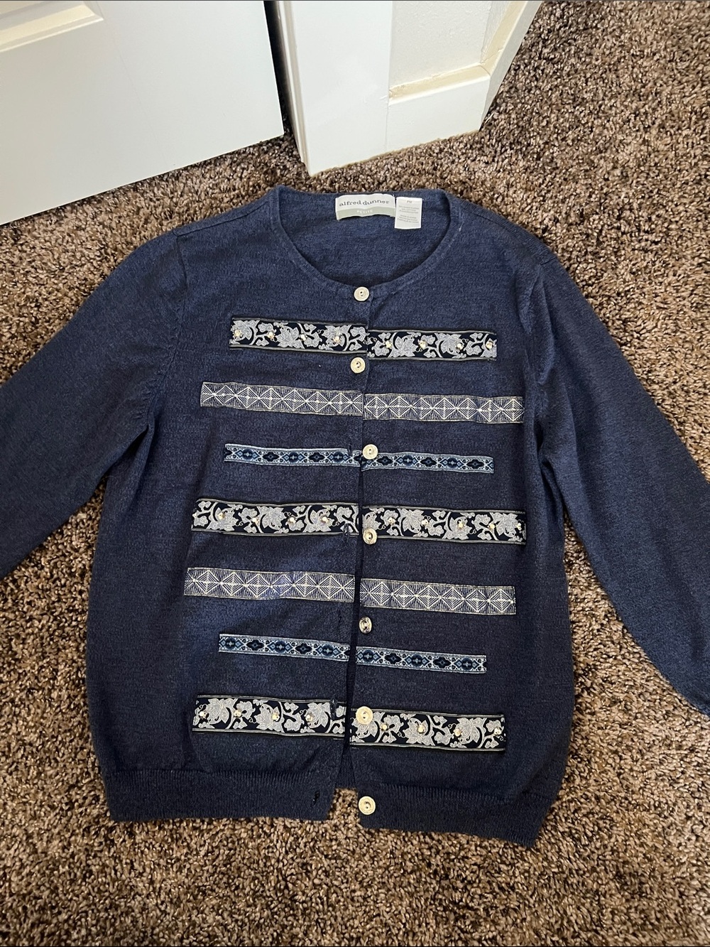 Alfred Dunner Navy Blue Pattern-Trim Cardigan-Petite